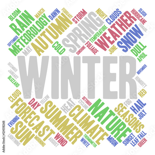 Winter word cloud in shape of square. Weather concept. Vector.
