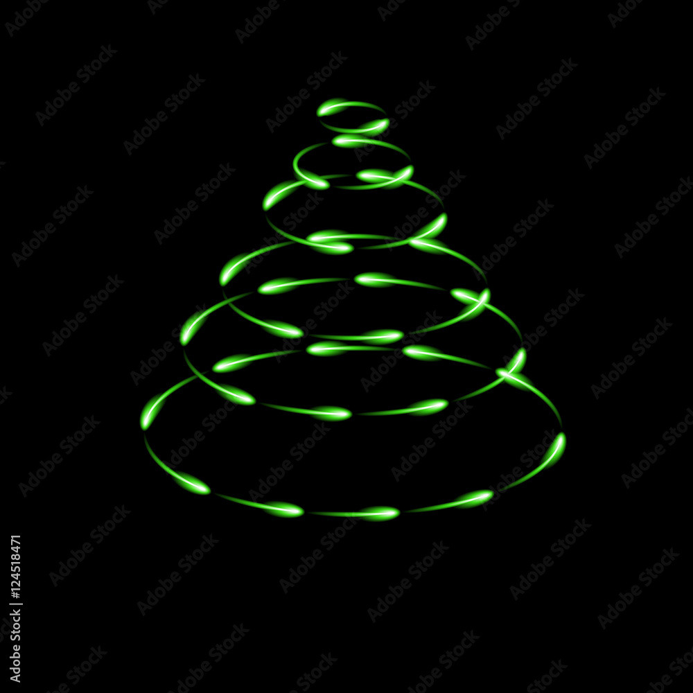 Green cone made by fireflies, modern vector christmas tree icon, dark background Green cone made by fireflies, modern vector christmas tree icon, dark background
