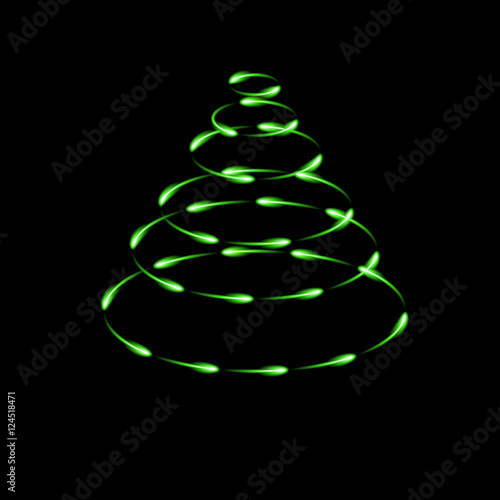 Green cone made by fireflies, modern vector christmas tree icon, dark background