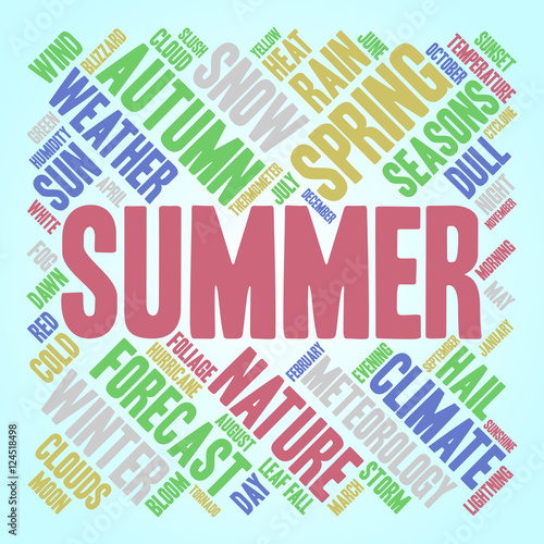 Summer word cloud in shape of square. Weather concept. Blue background.
