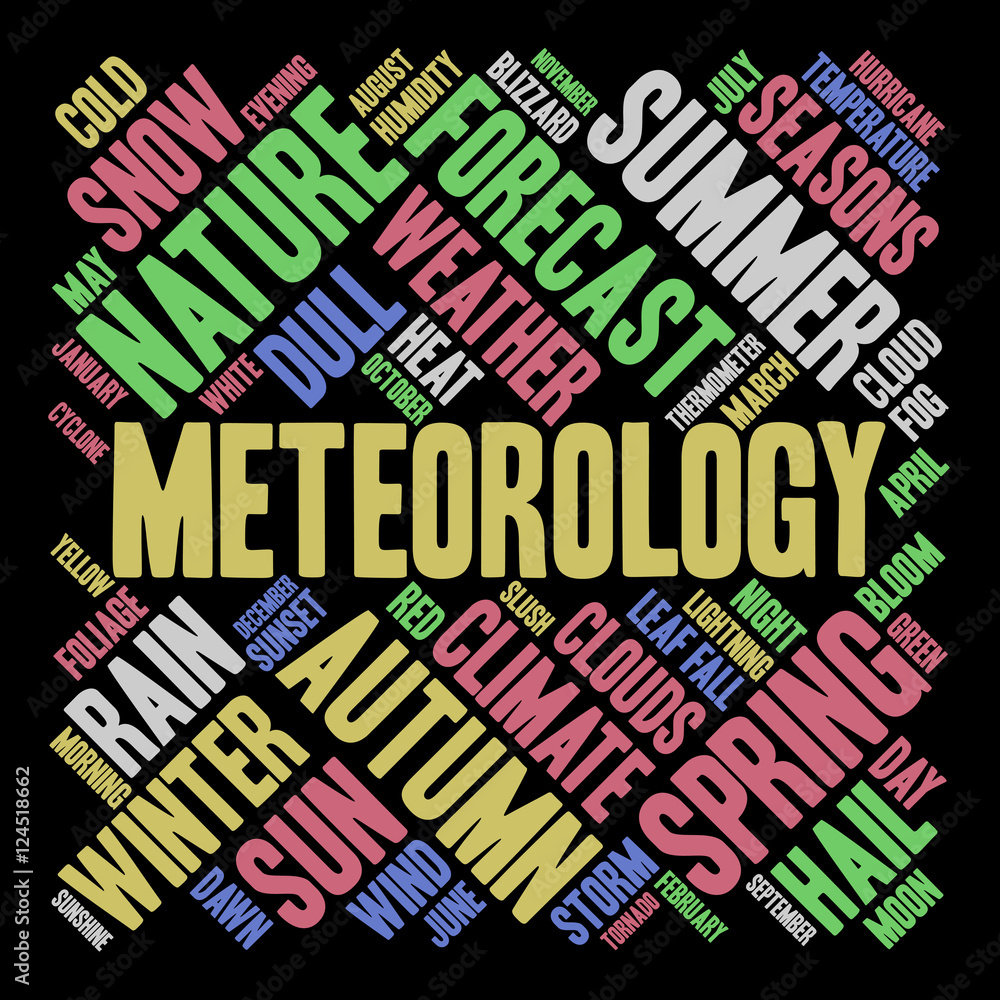 Meteorology word cloud in shape of square. Weather concept. Black background.