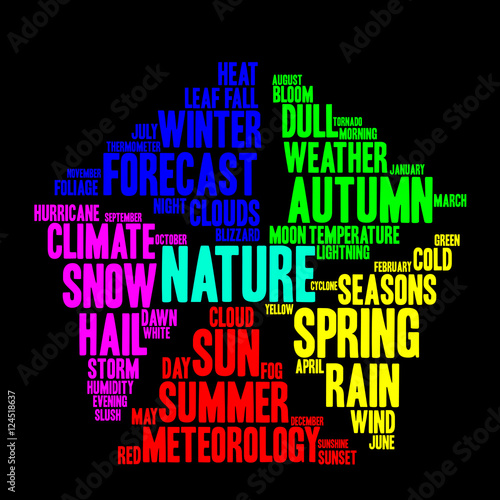 Nature word cloud in shape of pentagon. Weather concept. Black background.
