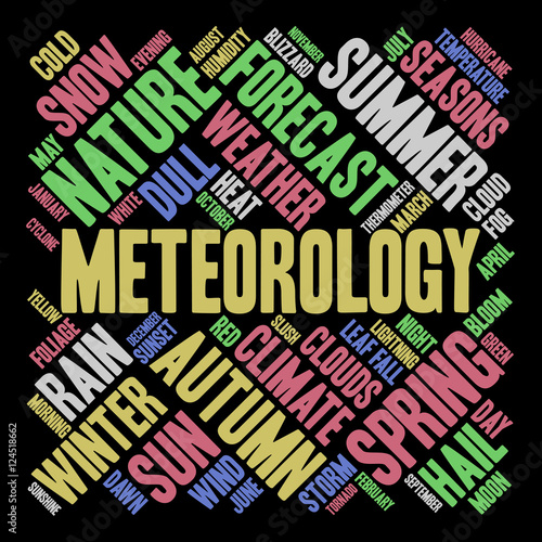 Meteorology word cloud in shape of square. Weather concept. Black background.