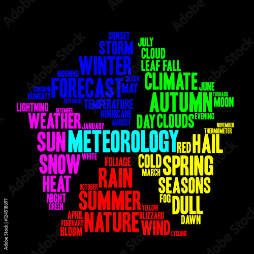 Meteorology word cloud in shape of pentagon. Weather concept. Black background.
