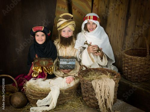 Live nativity scene with wisemen