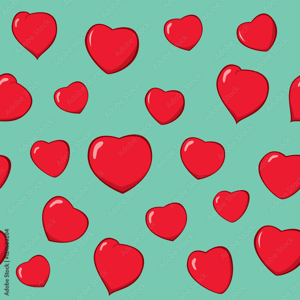 Vector of red hearts on green background.
