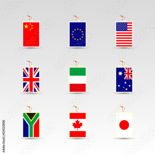 set of made in labels with national flag of china, eu, uk, usa, italy, australia, south africa, canada and japan
