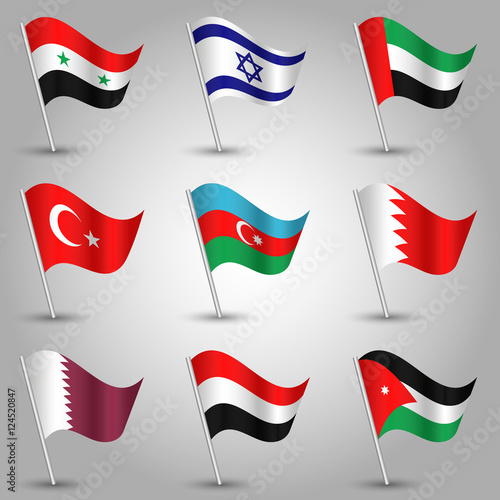 vector set of nine flags - waving simple triangle syrian, bahraini, azerbaijani, jordanian, qatari, yemeni, israeli, turkish and emirati flag on slanted silver pole - icon of states of western asia