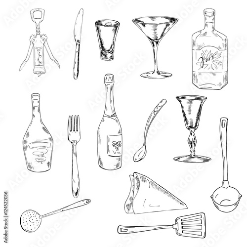 Set of bottles, glasses and cutlery. Doodle ink sketch. Hand drawn vector illustration.