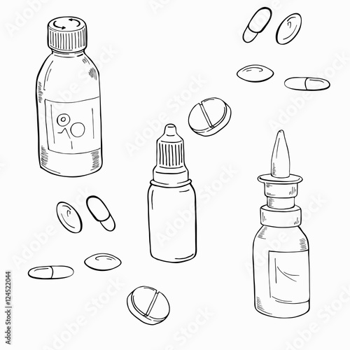 Set of pills and drugs. Medical care icons. Hand drawn vector illustration.