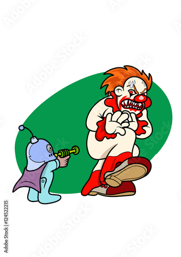 A kid scaring a killer clown. Vector Illustration