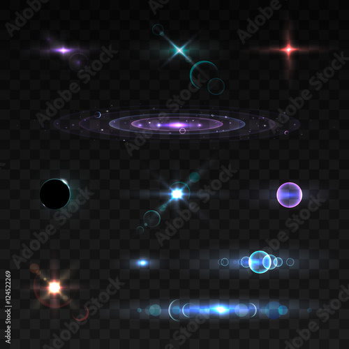 Glowing lights, stars and sparkles. Isolated on transparent background. Vector illustration, eps 10.
