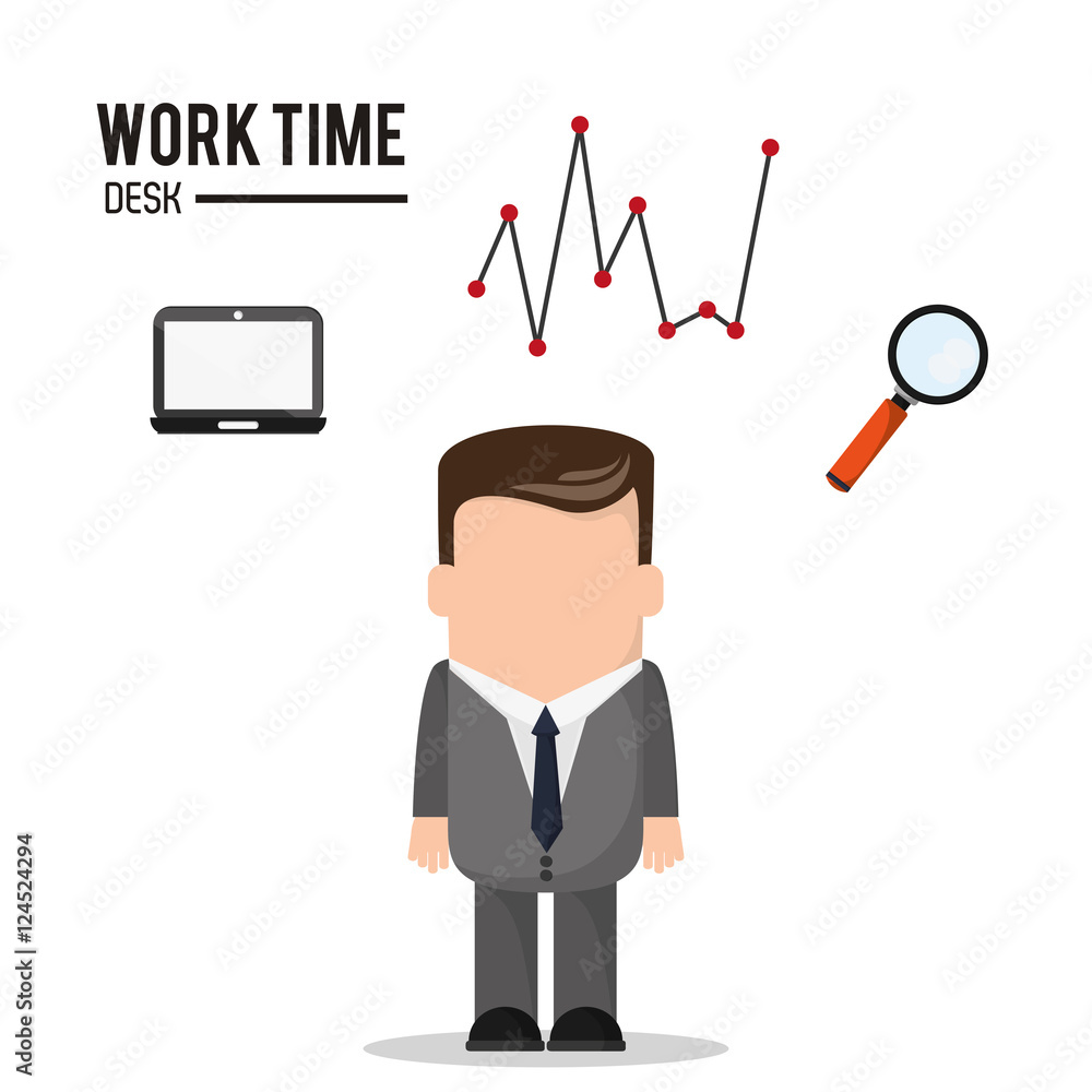 Businessman cartoon infographic lupe and laptop icon. Work time office and supplies theme. Colorful design. Vector illustration Businessman cartoon infographic lupe and laptop icon. Work time office and supplies theme. Colorful design. Vector illustration