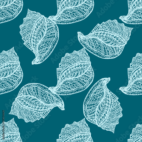 Zentangle stylized sea cockleshell seamless pattern. 