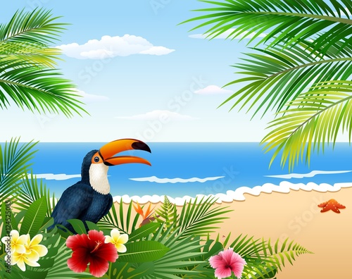 Card with tropical beach, tropical plants and toucan