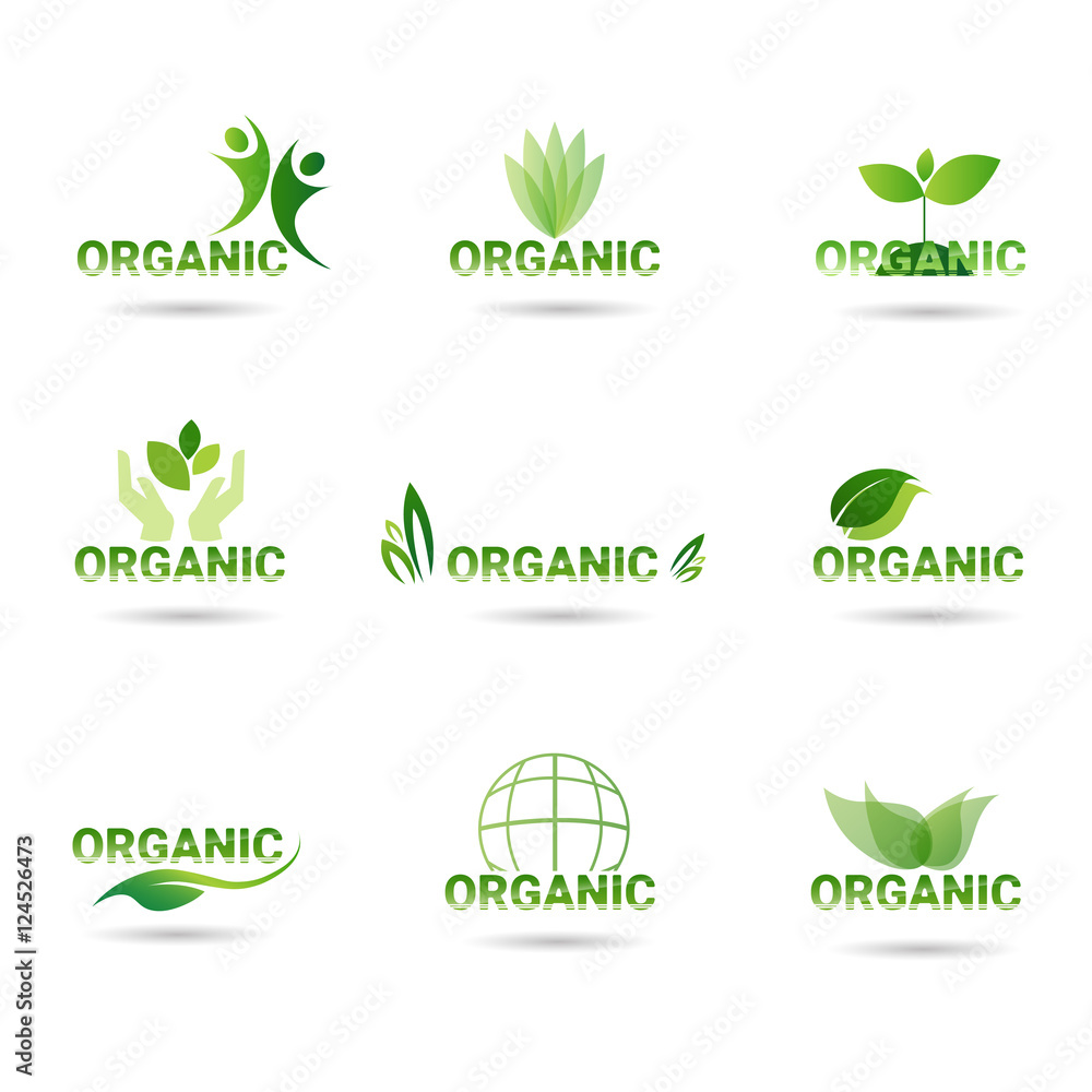 Eco Friendly Organic Natural Product Web Icon Set Green Logo Collection Flat Vector Illustration