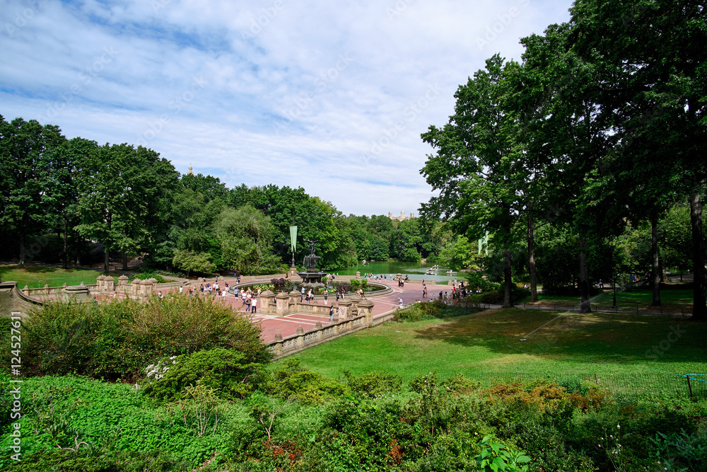 Bethesda Fountain and square filled with people in Central Park on Manhattan Bethesda Fountain and square filled with people in Central Park on Manhattan