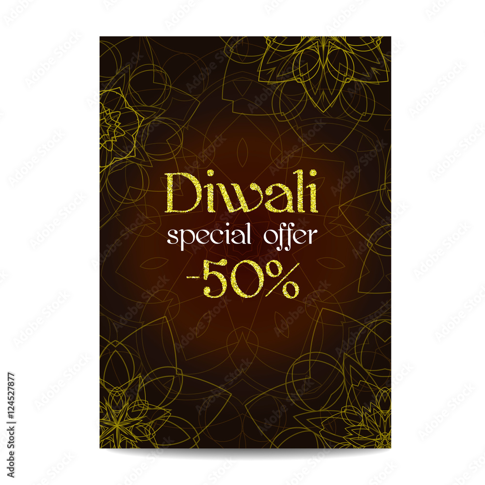 Diwali big sale banner. Indian festival of lights. Flyer with gold glitter shiny text and floral mandala. Special discount offer. Realistic gold sequins with blinks. Vector EPS10 illustration.