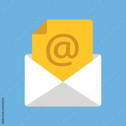 White envelope with yellow document with at sign. Email address, e-mail box, incoming message concepts. Modern flat design vector icon