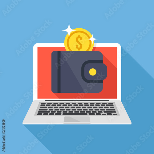 Laptop with wallet and gold coin icon. Long shadow flat design. Modern vector illustration