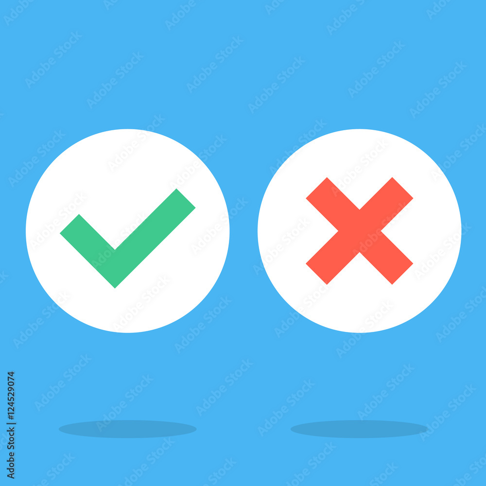Vector flat design checkmarks icons set. Green tick, green check mark symbol and red cross sign white round icons Vector flat design checkmarks icons set. Green tick, green check mark symbol and red cross sign white round icons