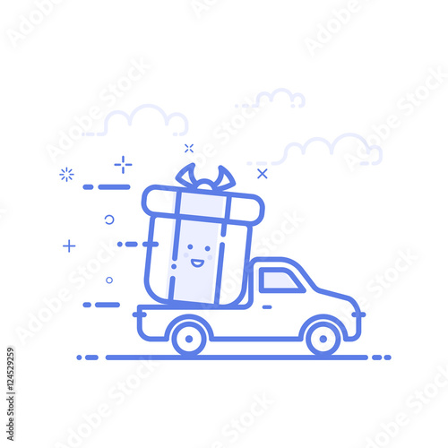 Vector illustration of icon shopping concept delivery servicein in line style. Linear motion truck with gift or bounty. Design for internet, banner, web page and mobile app. Outline object e-commerce.
