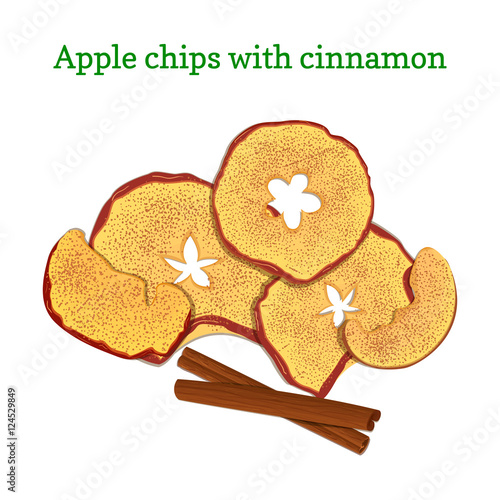 Vector illustration of apples dried fruits. Slices of apple chips baked delicious fruits isprinkled with ground cinnamon, cinnamon sticks For design of packaging cereals breakfast healthy food