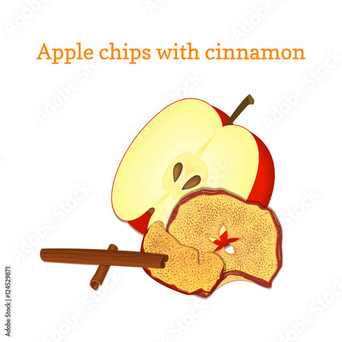 Vector illustration Half of red apple and dried fruits. Slices of apple chips baked delicious fruits isprinkled with ground cinnamon cinnamon sticks For design packaging cereals breakfast healthy food