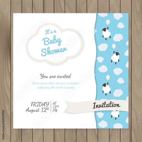 Vector template for design baby shower cards and invitations with cute sheep in clouds.