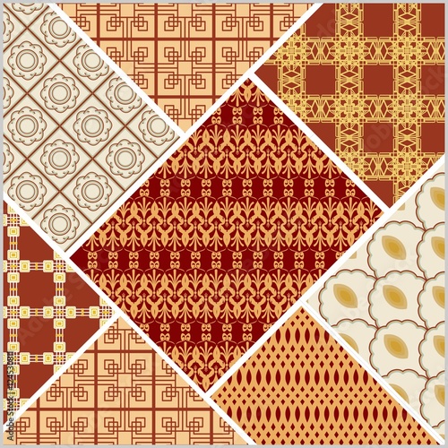 Patchwork design in art deco style. Decorative vector abstract tile in style stitched textile patches with different ornament in beige and red