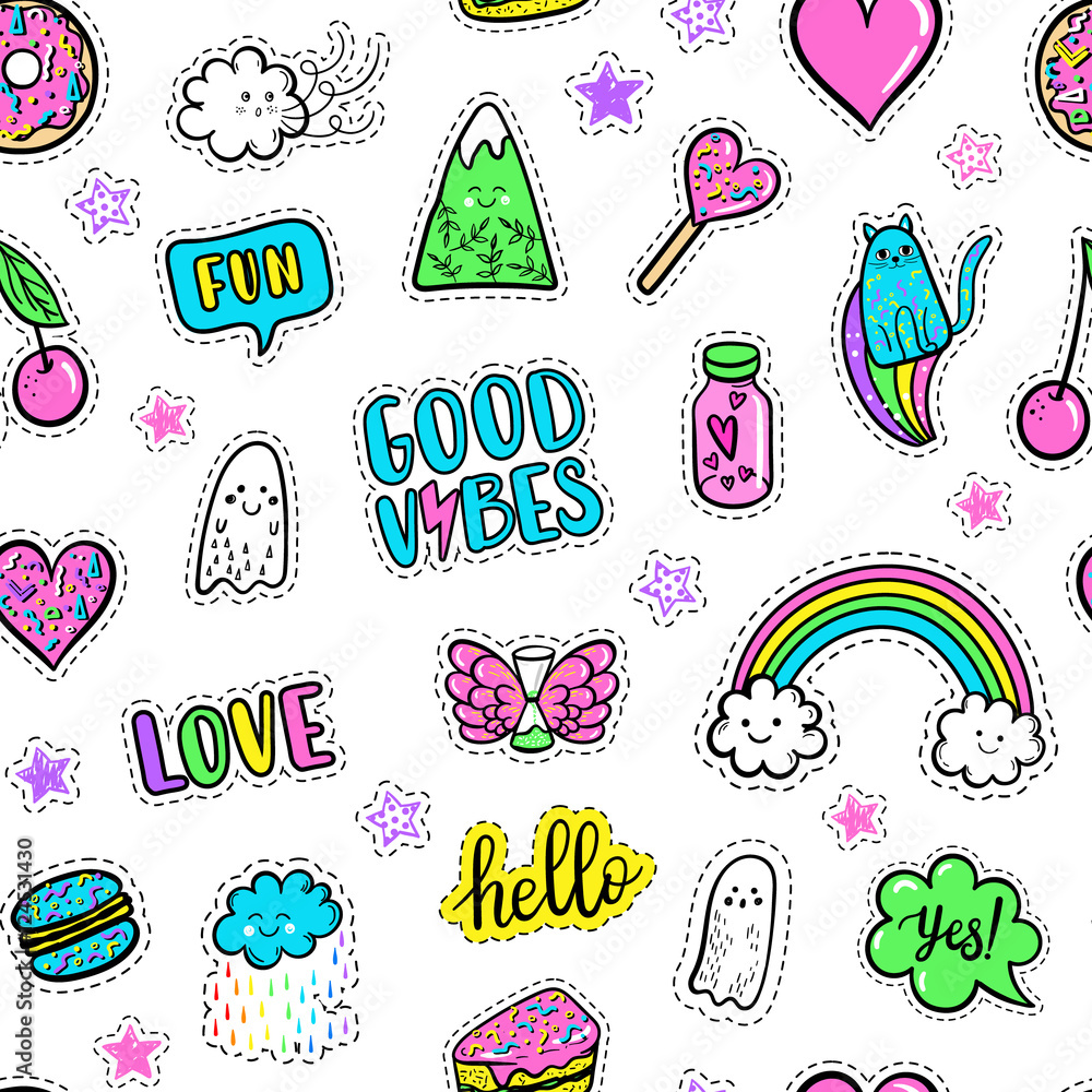 Vector hand drawn fashion pink color patches: rainbow, doughnut ...