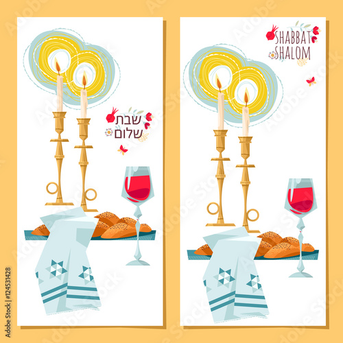 2 greeting cards Shabbat shalom. Candles, kiddush cup and challah. Jewish Holiday.