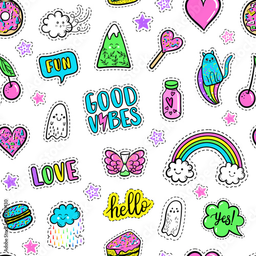 Vector hand drawn fashion pink color patches: rainbow, doughnut, mountain, cat, ghost, cloud, macaron, cake, lollipop, heart seamless pattern. Modern pop art sticker, patches pin, badge 80s-90s style