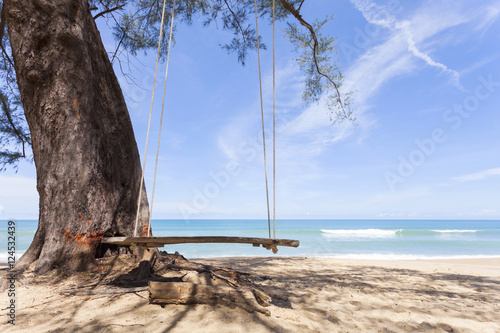 Swings on the tropical beach ,beautiful sand scenery background