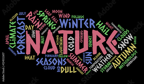 Nature word cloud. Weather concept. Black background.