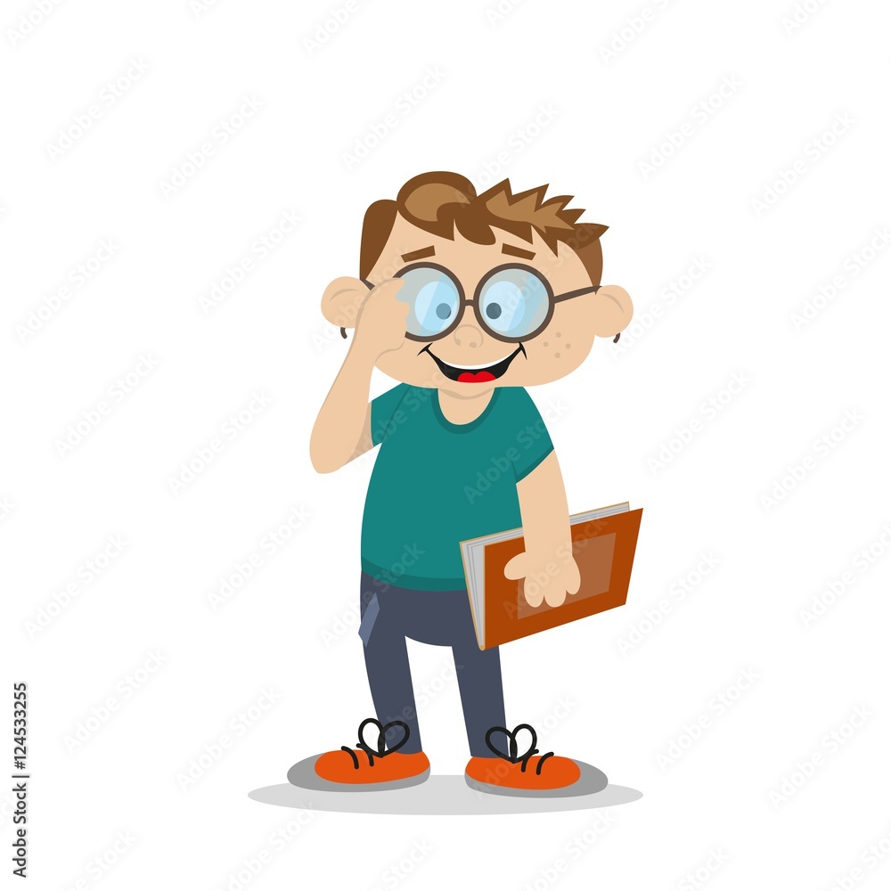 the boy holds the book. corrects glasses hand. vector illustration of cartoon the boy holds the book. corrects glasses hand. vector illustration of cartoon