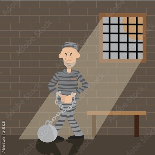 the man in the cell in handcuffs. through the grating the incident light beam. vector illustration of cartoon