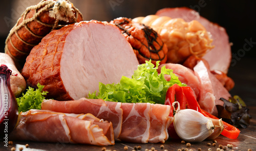 Photography Meat products including ham and sausages