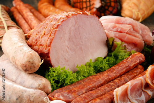 Meat products including ham and sausages photo