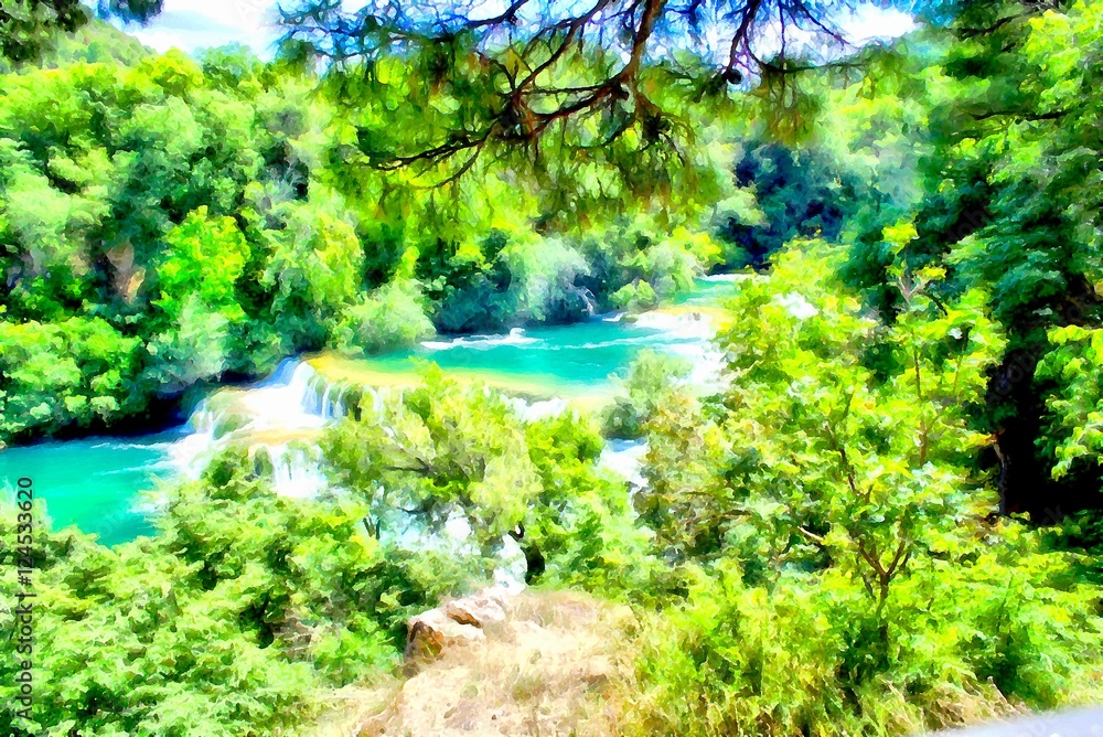 Naklejka premium Background watercolor painting mountains landscape