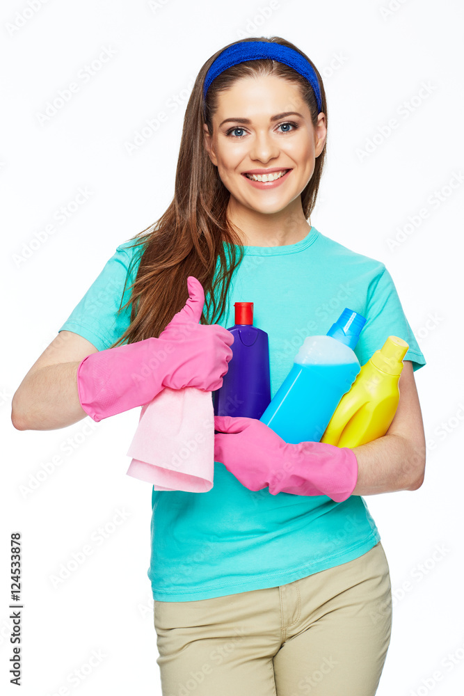 Housekeeper woman holding bottle with cleaner liquid and show th Housekeeper woman holding bottle with cleaner liquid and show th