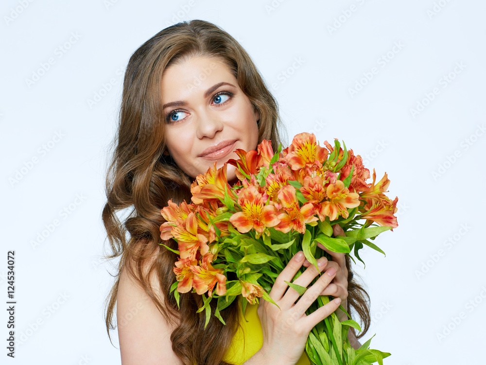 Close up face woman  portrait . Beautiful smiling girl holding f