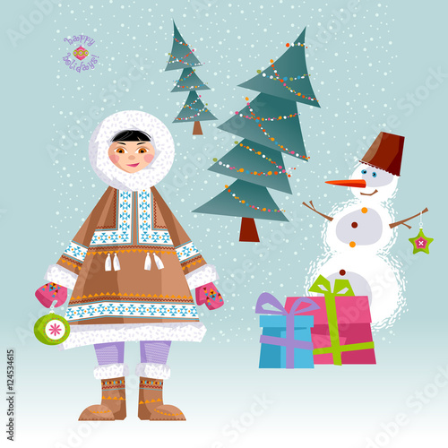 Eskimo Child and a Snowman.