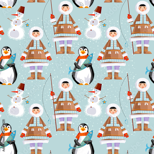 Eskimo Child and a Snowman, a penguin with a fish. Seamless background pattern.