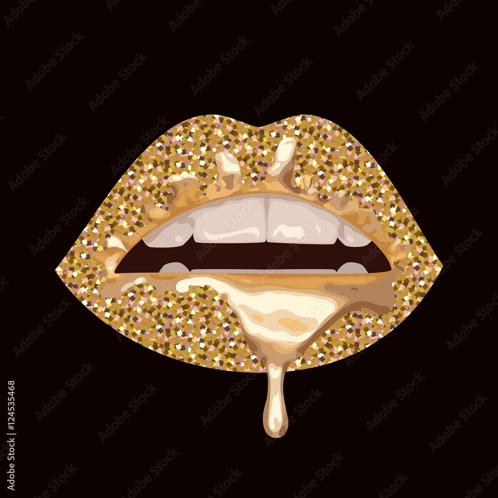 Vector illustration with parted lips. Gold glitter on sexy lips