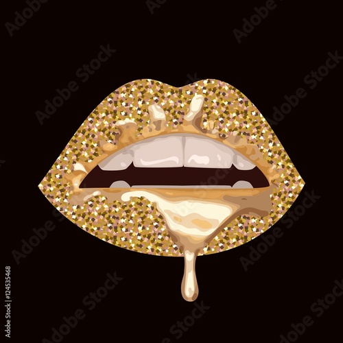 Vector illustration with parted lips. Gold glitter on sexy lips. Dripping with gold paint lips.
