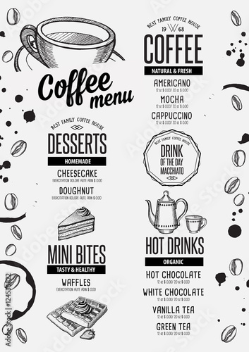 Menu coffee restaurant, beverage template placemat.