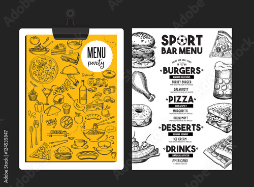 Menu sport bar restaurant, food template placemat.