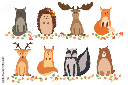 A set of cute animals on a white background isolated. Vector illustration in a flat style. Wild cat, hedgehog, elk, fox, deer, squirrel, raccoon, and bear.
