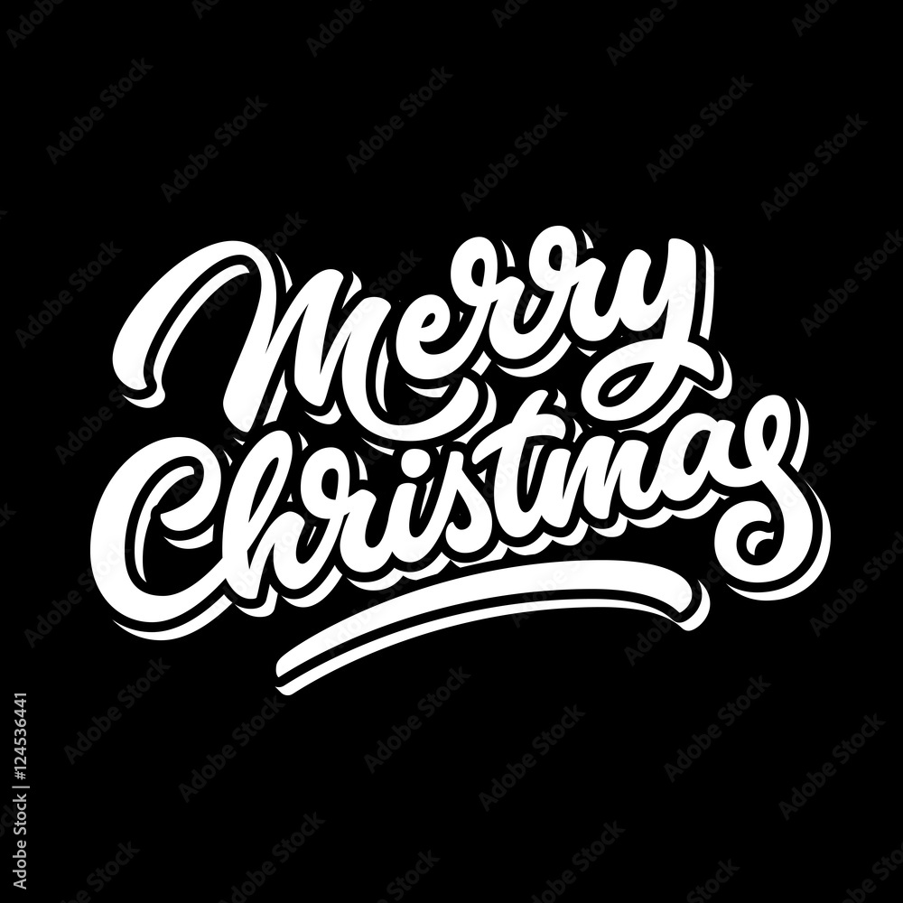 Merry Christmas, xmas badge with handwritten lettering, calligraphy with outline, block blended shade and black background for logo, banners, labels, postcards, prints, posters. Vector illustration
